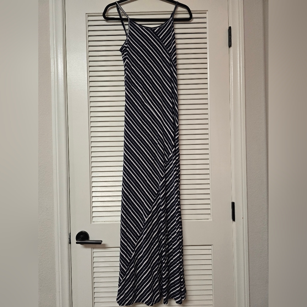 Piccola Bella - White & Navy Stripe Maxi Dress With Adjustable Spaghetti Straps
